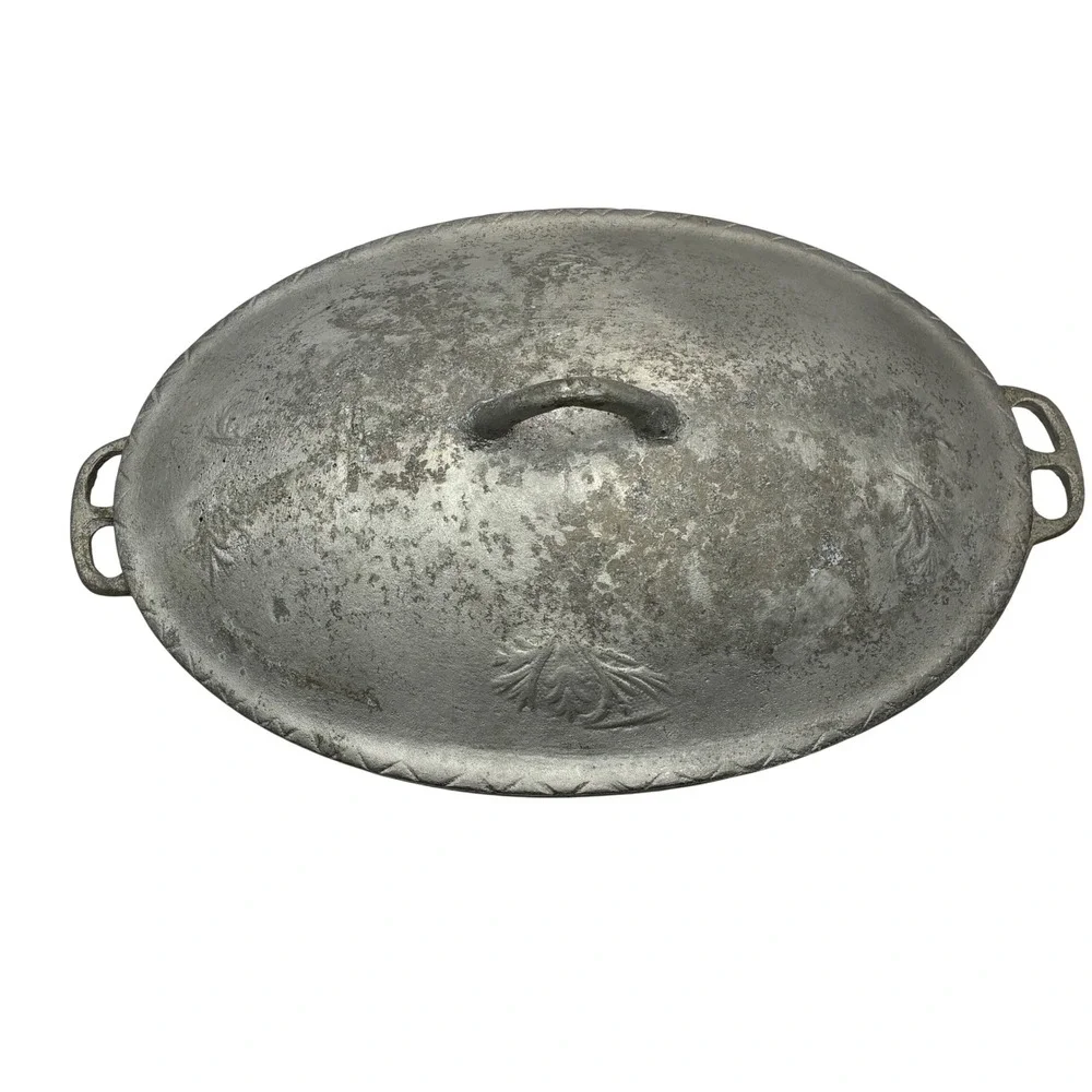 Vintage Cast Aluminum Oval Roaster Pan with Lid Primitive Farmhouse Dutch Oven